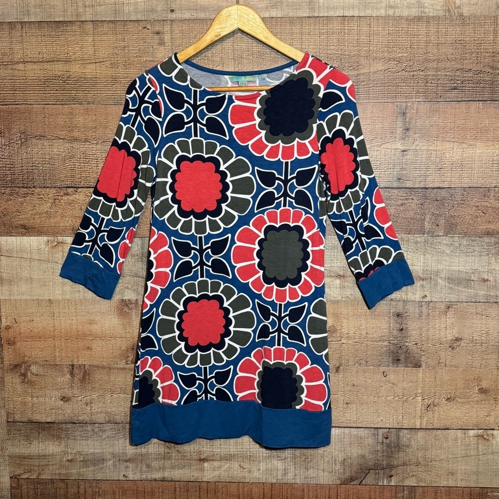 Boden Women's Funky Flowers Retro Floral 3/4 Sleeve Jersey Dress Tunic size 6